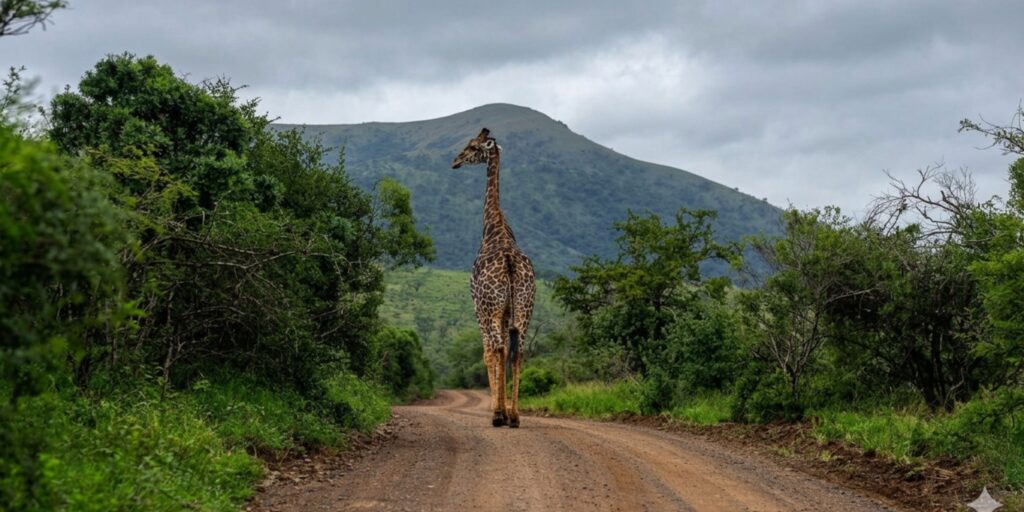 A majestic African giraffe walking down a dirt road toward a green hill, showcasing the incredible wildlife scenery on a South African accessible safari.