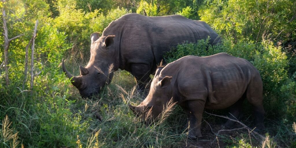 An adult white rhino and a younger calf grazing together in the thick green bush of Hluhluwe-iMfolozi Park.