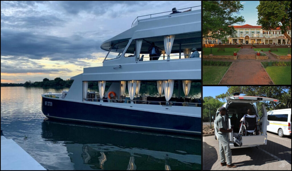 A collage of three photos:

On the left, a large, modern river cruise boat with two decks and white curtains glowing inside floats on calm water at sunset under a cloudy sky.

At the top right, a grand colonial-style building with a red-tiled roof sits behind a manicured lawn and a central brick walkway lined with plants.

At the bottom right, two staff members assist a person in a wheelchair using a lift at the back of a white van parked along a roadside with trees nearby.